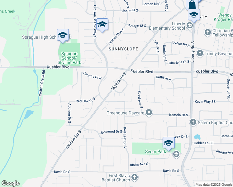 map of restaurants, bars, coffee shops, grocery stores, and more near 5120 Skyline Village Loop South in Salem