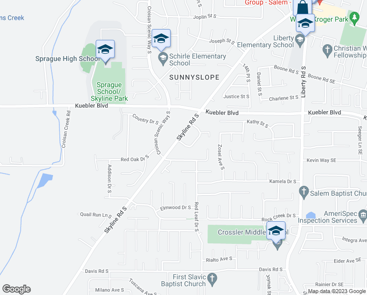 map of restaurants, bars, coffee shops, grocery stores, and more near 5122 Skyline Village Loop South in Salem