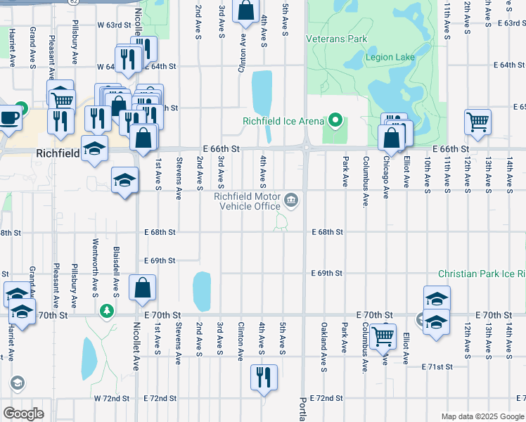 map of restaurants, bars, coffee shops, grocery stores, and more near 6701 4th Avenue South in Minneapolis