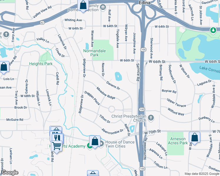 map of restaurants, bars, coffee shops, grocery stores, and more near 5200 Danens Drive in Minneapolis