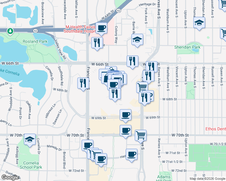 map of restaurants, bars, coffee shops, grocery stores, and more near 10 Southdale Center in Edina
