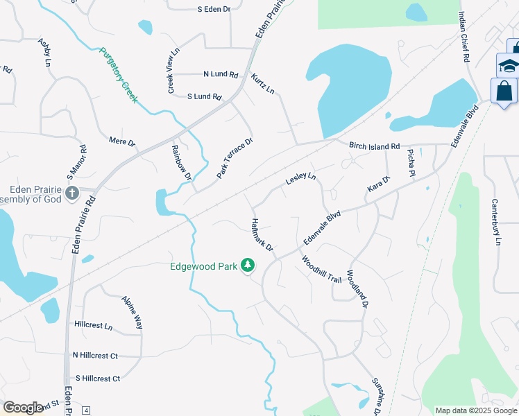 map of restaurants, bars, coffee shops, grocery stores, and more near 6729 Hallmark Drive in Eden Prairie