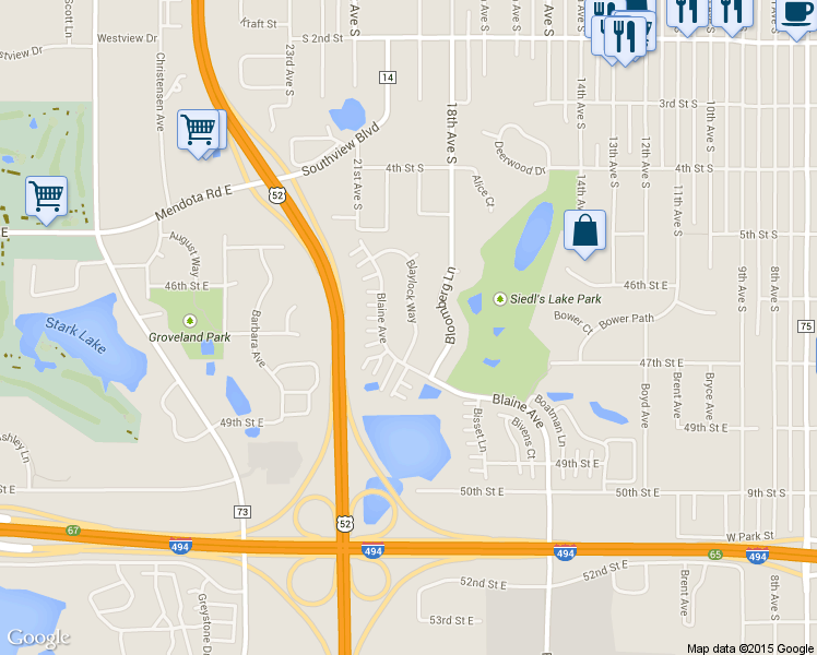 map of restaurants, bars, coffee shops, grocery stores, and more near 4741-4799 Blaylock Way in Inver Grove Heights