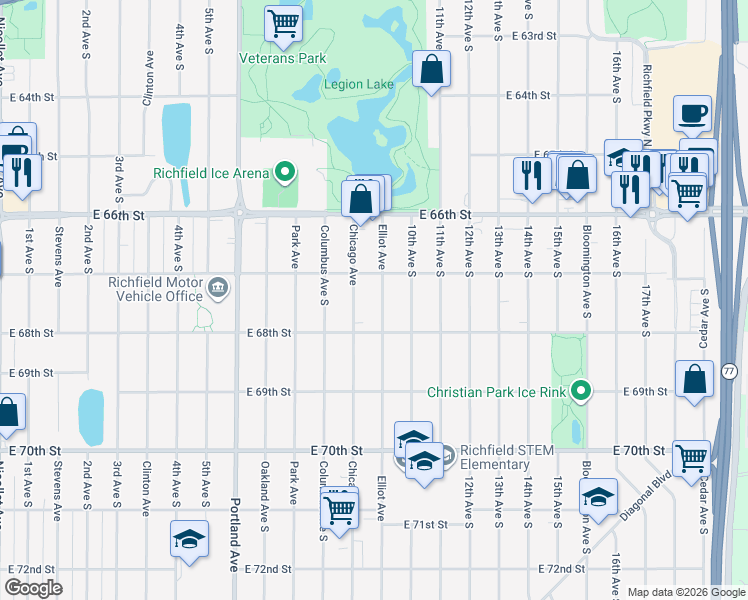 map of restaurants, bars, coffee shops, grocery stores, and more near 6701 Chicago Avenue in Richfield