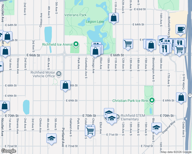 map of restaurants, bars, coffee shops, grocery stores, and more near 6701 Chicago Avenue in Richfield