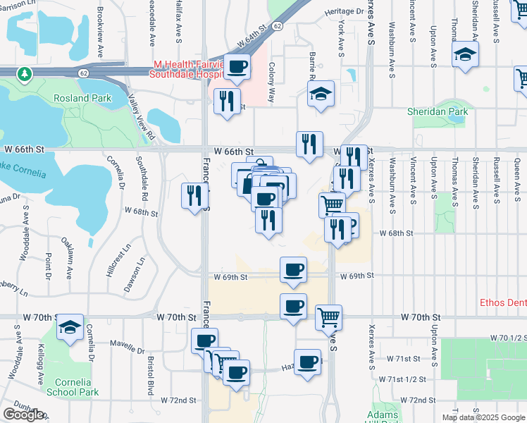 map of restaurants, bars, coffee shops, grocery stores, and more near in Edina