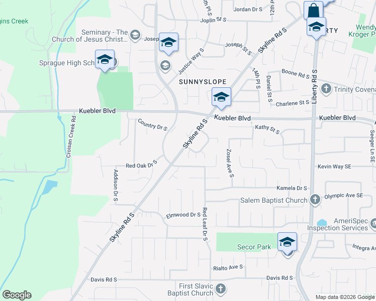 map of restaurants, bars, coffee shops, grocery stores, and more near 5138 Skyline Village Loop South in Salem