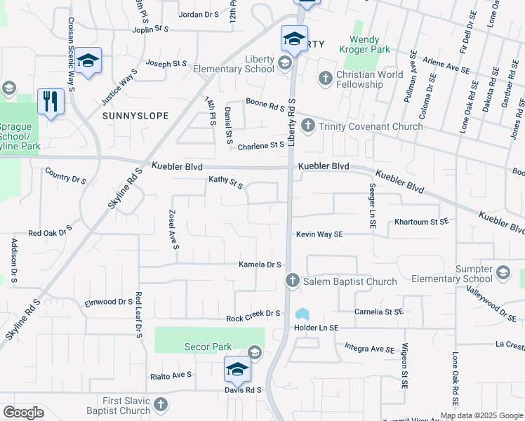 map of restaurants, bars, coffee shops, grocery stores, and more near 1167 Kashmir Drive South in Salem