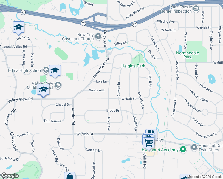 map of restaurants, bars, coffee shops, grocery stores, and more near 6700 Galway Drive in Minneapolis