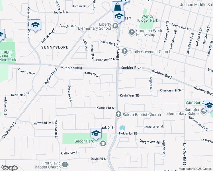 map of restaurants, bars, coffee shops, grocery stores, and more near 1167 Kashmir Drive South in Salem