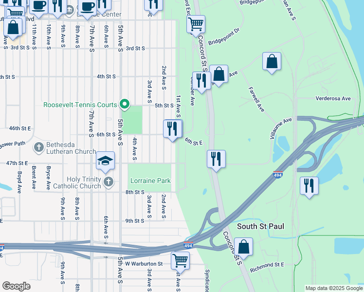 map of restaurants, bars, coffee shops, grocery stores, and more near 605 1st Avenue South in South Saint Paul