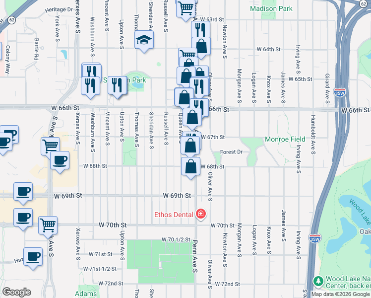 map of restaurants, bars, coffee shops, grocery stores, and more near 6700 Penn Avenue South in Minneapolis