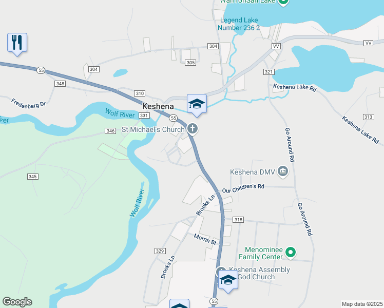 map of restaurants, bars, coffee shops, grocery stores, and more near 781 Wisconsin 47 in Keshena