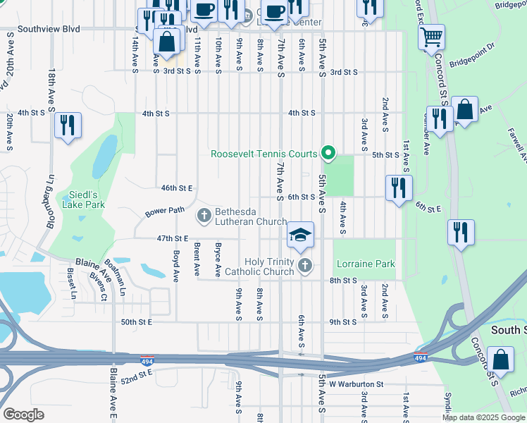 map of restaurants, bars, coffee shops, grocery stores, and more near 621 8th Avenue South in South Saint Paul