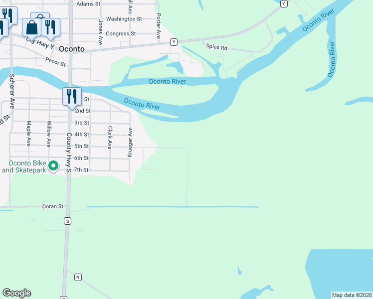 map of restaurants, bars, coffee shops, grocery stores, and more near 901 5th Street in Oconto