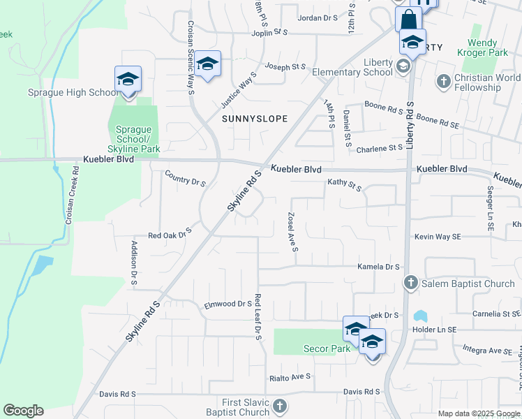 map of restaurants, bars, coffee shops, grocery stores, and more near 5121 Skyline Village Loop South in Salem