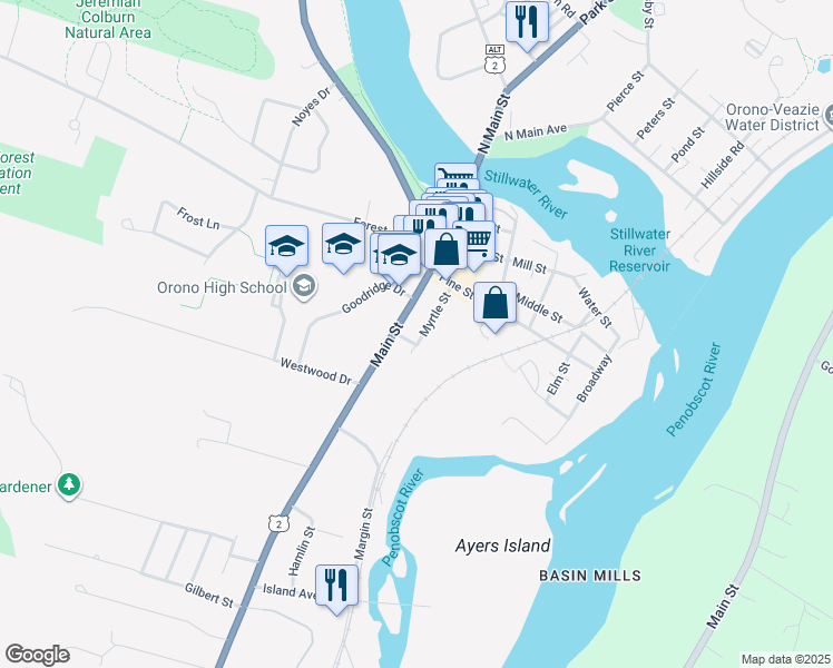 map of restaurants, bars, coffee shops, grocery stores, and more near 72 Main Street in Orono
