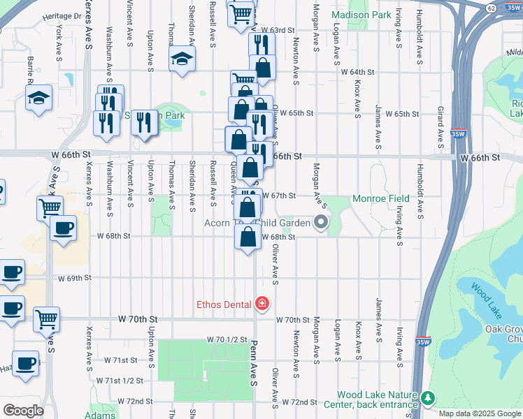 map of restaurants, bars, coffee shops, grocery stores, and more near 6700 Oliver Avenue South in Minneapolis