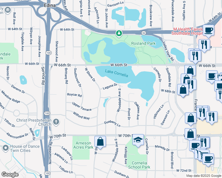 map of restaurants, bars, coffee shops, grocery stores, and more near 4505 Laguna Drive in Minneapolis