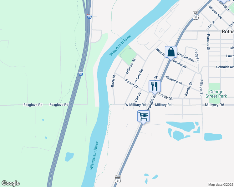 map of restaurants, bars, coffee shops, grocery stores, and more near 714 South Line Road in Rothschild
