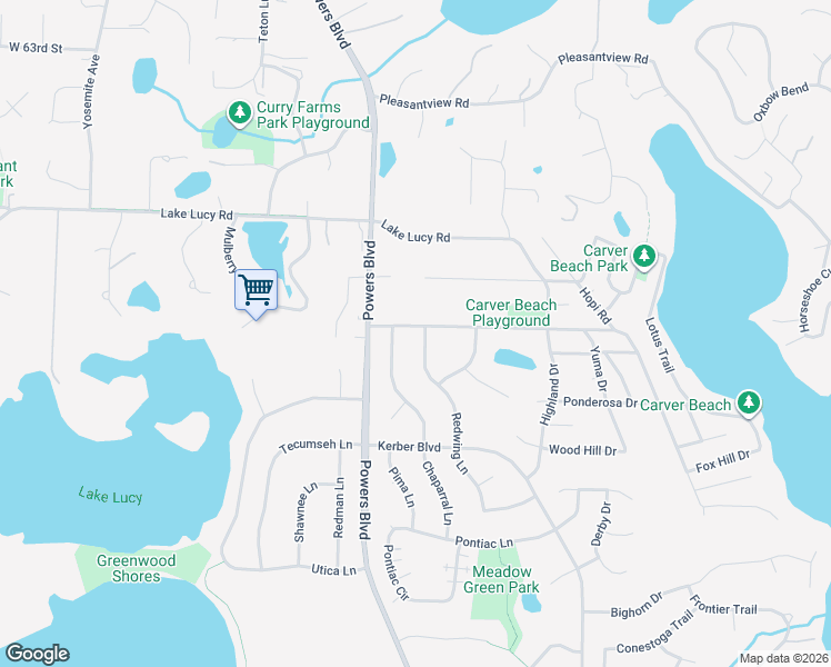 map of restaurants, bars, coffee shops, grocery stores, and more near 1031 Carver Beach Road in Chanhassen