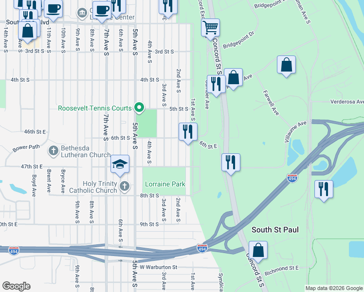 map of restaurants, bars, coffee shops, grocery stores, and more near 601 2nd Avenue South in South Saint Paul
