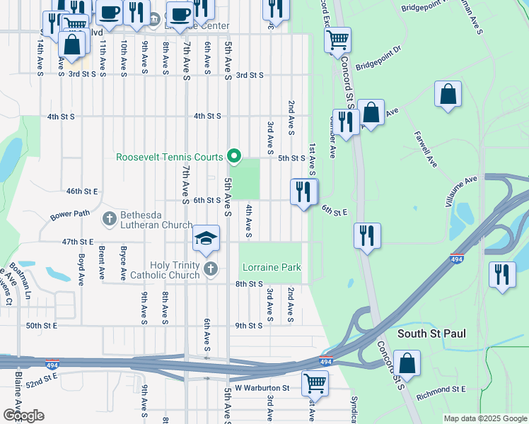 map of restaurants, bars, coffee shops, grocery stores, and more near 602 3rd Avenue South in South Saint Paul