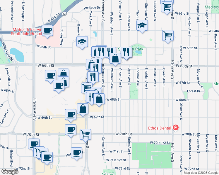 map of restaurants, bars, coffee shops, grocery stores, and more near 6704 Washburn Avenue South in Minneapolis