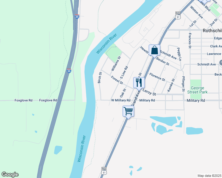 map of restaurants, bars, coffee shops, grocery stores, and more near 714 South Line Road in Rothschild