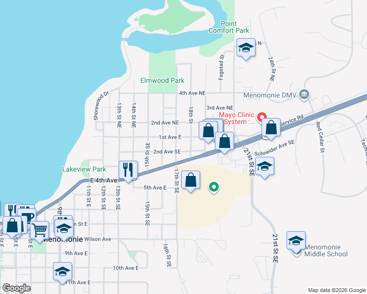map of restaurants, bars, coffee shops, grocery stores, and more near 102 18th Street South in Menomonie