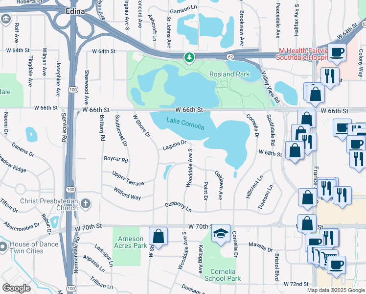 map of restaurants, bars, coffee shops, grocery stores, and more near 4505 Laguna Drive in Minneapolis