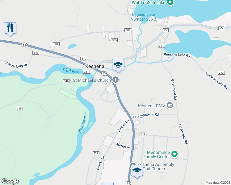 map of restaurants, bars, coffee shops, grocery stores, and more near 781 Wisconsin 47 in Keshena