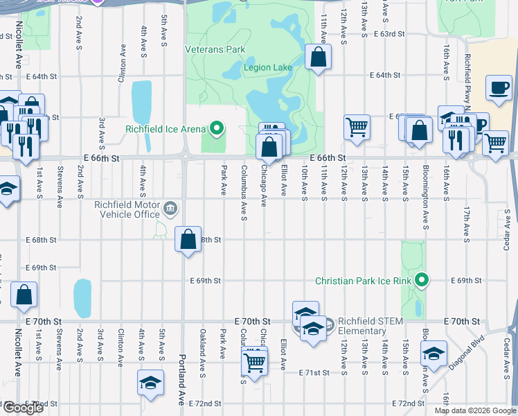 map of restaurants, bars, coffee shops, grocery stores, and more near 6701 Columbus Avenue in Minneapolis