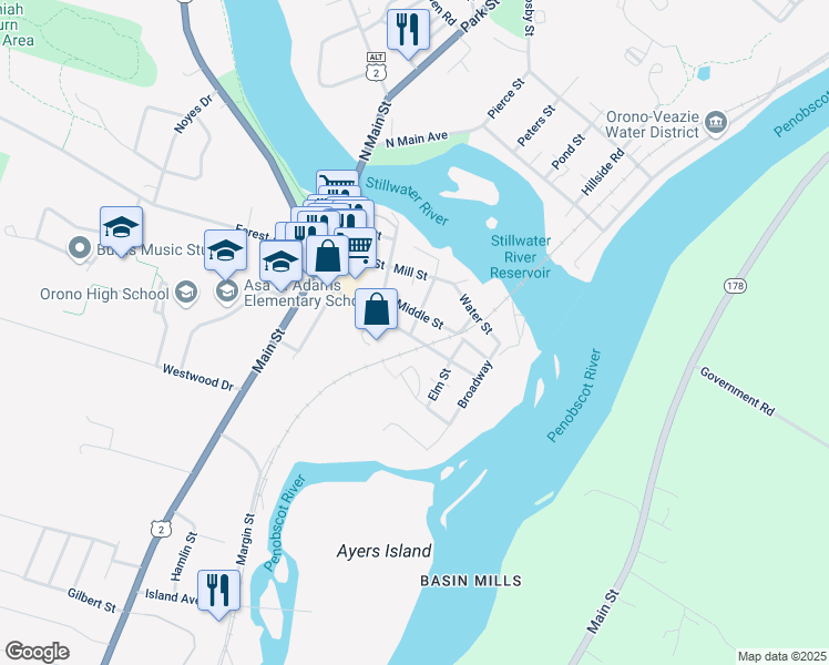 map of restaurants, bars, coffee shops, grocery stores, and more near 50 Pine Street in Orono