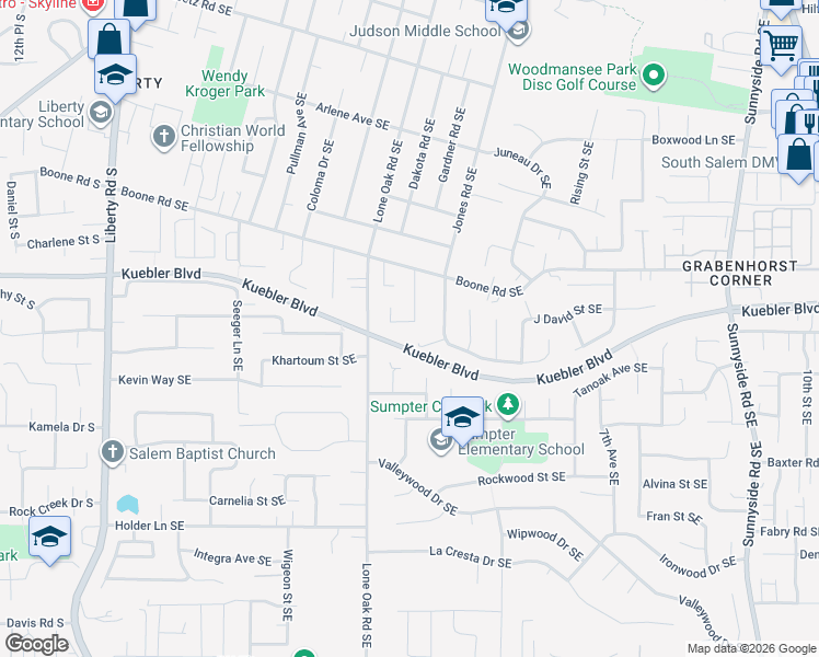 map of restaurants, bars, coffee shops, grocery stores, and more near 470 Dakota Court Southeast in Salem