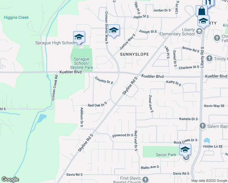map of restaurants, bars, coffee shops, grocery stores, and more near 5135 Skyline Road South in Salem