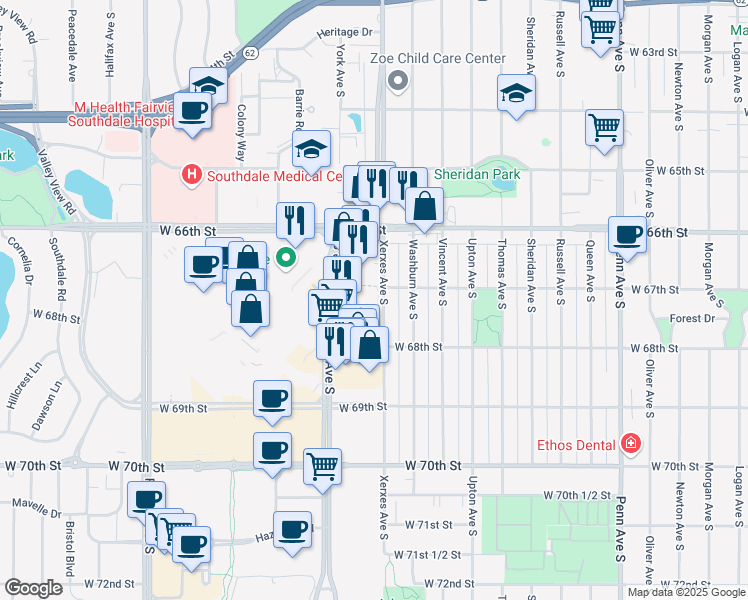 map of restaurants, bars, coffee shops, grocery stores, and more near 6704 Xerxes Avenue South in Edina