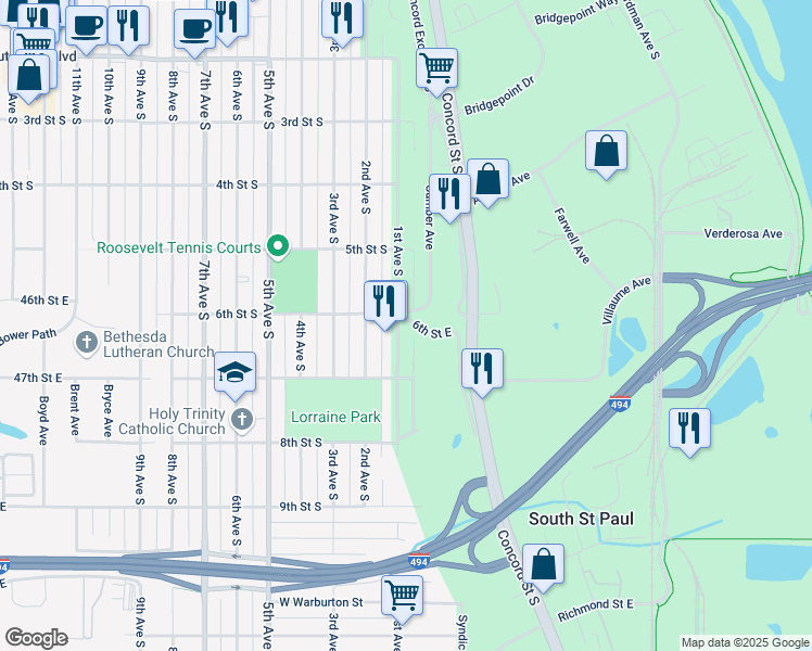 map of restaurants, bars, coffee shops, grocery stores, and more near 605 1st Avenue South in South Saint Paul