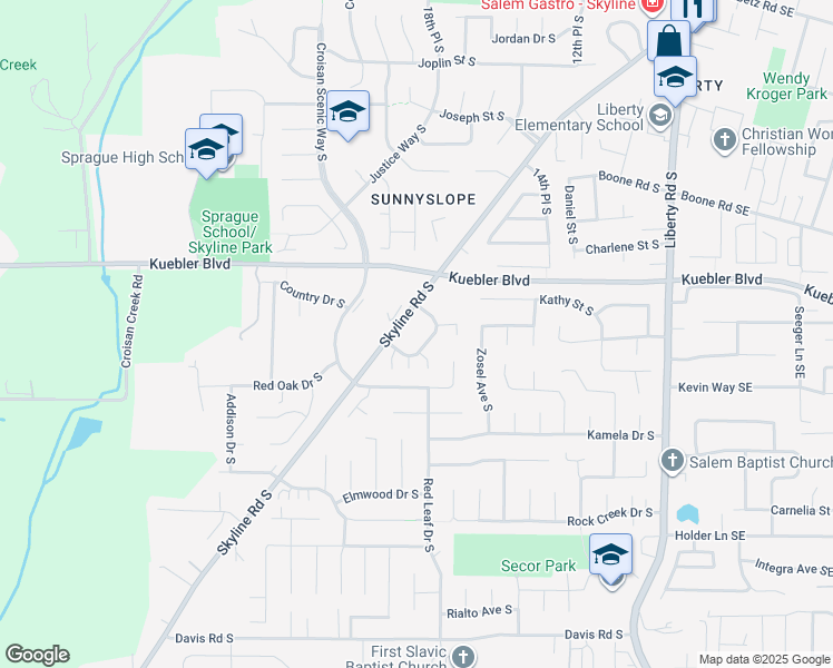 map of restaurants, bars, coffee shops, grocery stores, and more near 5121 Skyline Village Loop South in Salem
