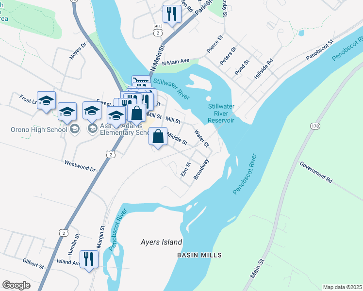 map of restaurants, bars, coffee shops, grocery stores, and more near 50 Pine Street in Orono