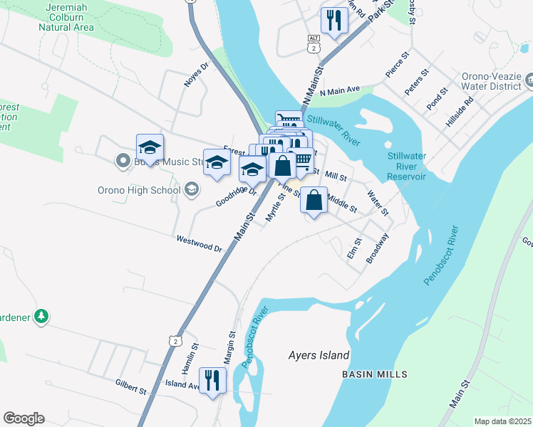 map of restaurants, bars, coffee shops, grocery stores, and more near 72 Main Street in Orono