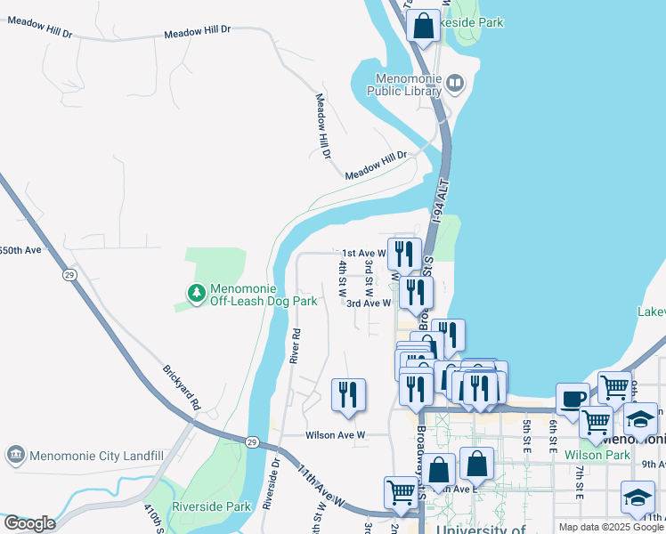 map of restaurants, bars, coffee shops, grocery stores, and more near 114 4th Street West in Menomonie