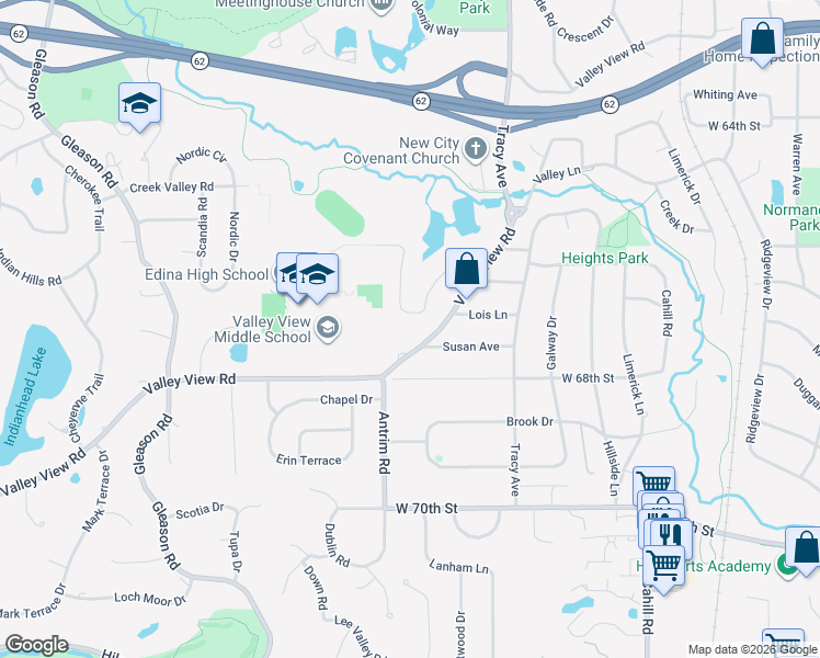 map of restaurants, bars, coffee shops, grocery stores, and more near 5829 Creek Valley Road in Edina