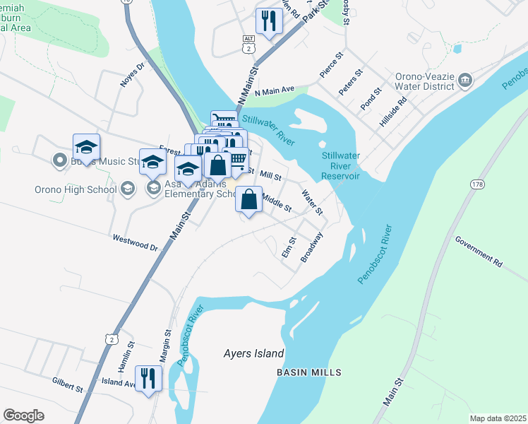 map of restaurants, bars, coffee shops, grocery stores, and more near Pine Street in Orono