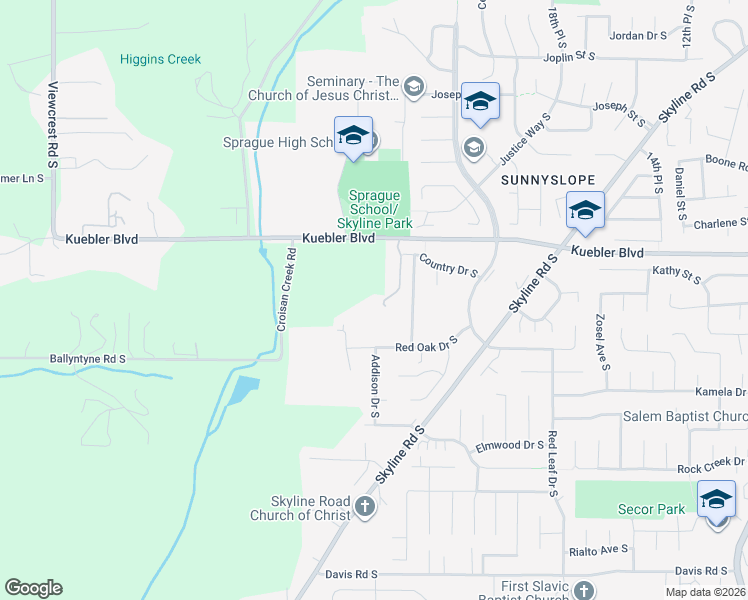 map of restaurants, bars, coffee shops, grocery stores, and more near 2282 Kuebler Boulevard in Salem