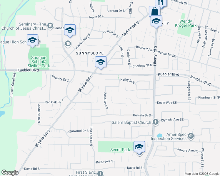 map of restaurants, bars, coffee shops, grocery stores, and more near 1640 Boehmer Street South in Salem