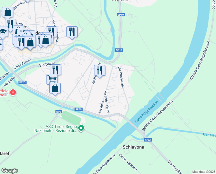 map of restaurants, bars, coffee shops, grocery stores, and more near 53 Via Enrico Fermi in Bondeno