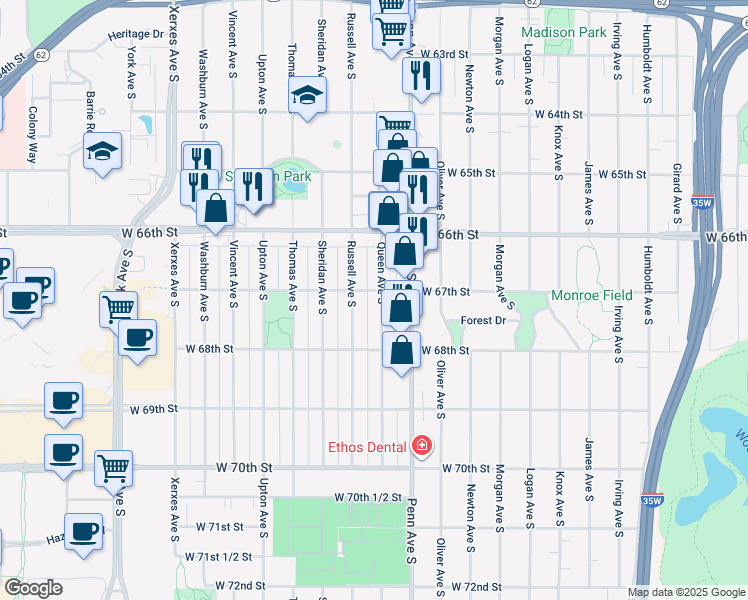 map of restaurants, bars, coffee shops, grocery stores, and more near 6704 Queen Avenue South in Minneapolis
