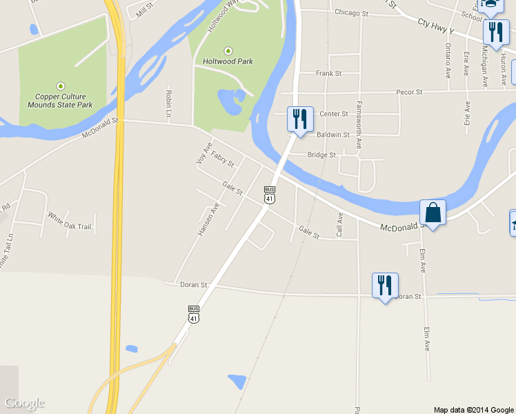 map of restaurants, bars, coffee shops, grocery stores, and more near 300 Smith Avenue in Oconto