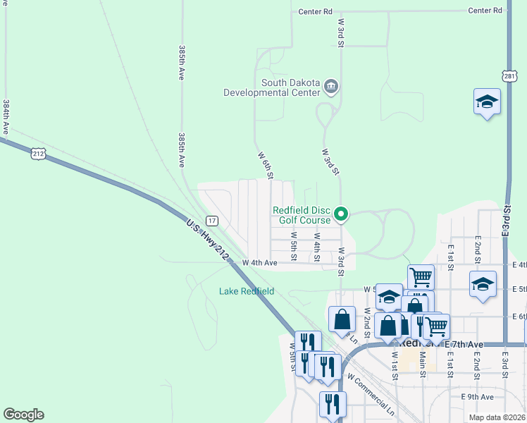 map of restaurants, bars, coffee shops, grocery stores, and more near 101-199 West 6th Street in Redfield